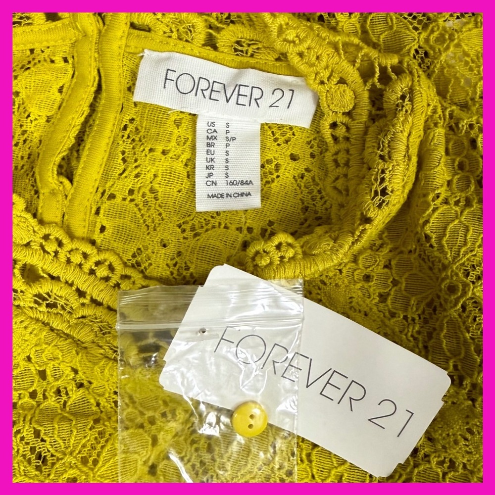 Forever 21 Lace Top, Mock Neck, Short Sleeve, Yellow Blouse, Size Small NWT - Picture 11 of 11